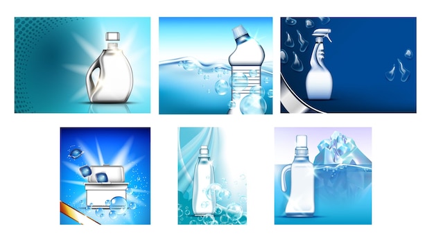 Detergent, wybielacz banery reklamowe wektor zestaw. Różne butelki i atomizer w sprayu, pojemnik i pudełko do czyszczenia substancji, góry lodowej i baniek mydlanych. Szablon koncepcyjny Realistyczne ilustracje 3d