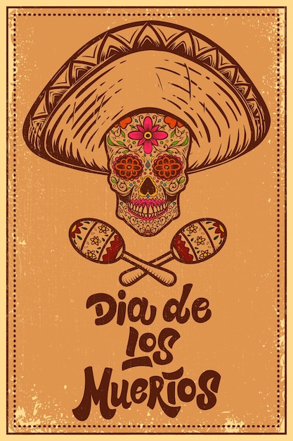 Dia De Los Muertos (dzień Zmarłych). Meksykańska Czaszka Cukru Na Tło Grunge. Element Projektu Plakatu, Logo, Etykiety, Znaku, Karty, Banera. Ilustracja Wektorowa