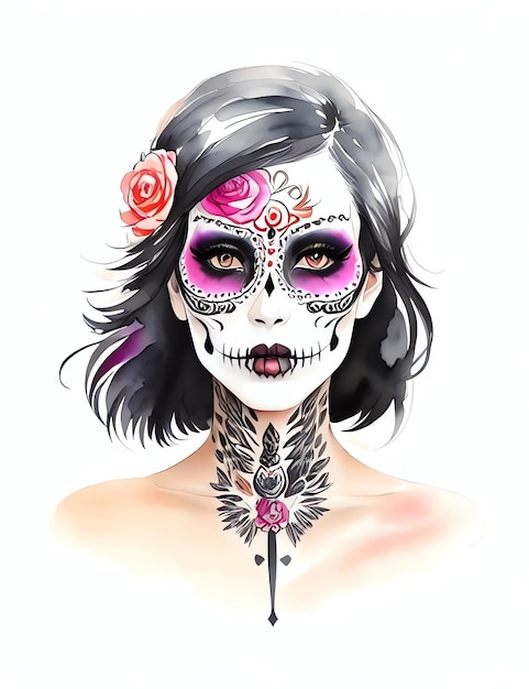 Dia de los muertos dzień zmarłych meksykańskie święto wektor plakat transparent i karta z anta muerte kobieta makijaż cukrowa czaszka dziewczyna twarz