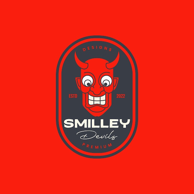 Diabeł Demon Zło Rogaty Uśmiech Kreskówka Maskotka Odznaka Vintage Logo Projekt Wektor