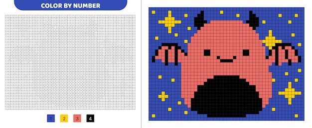 Diabeł squishmallow Koloruj według numeru Pixel kolorowanka Numerowane kwadraty Gra dla dzieci Pixel art Odizolowany wektor ilustracja eps 10