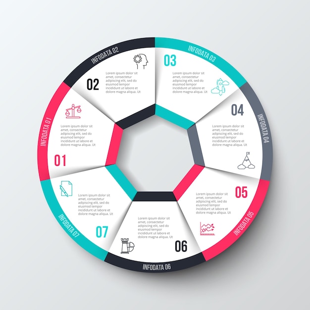 Diagram kołowy jest podzielony na 7 części Wektorowy element infografiki do prezentacji
