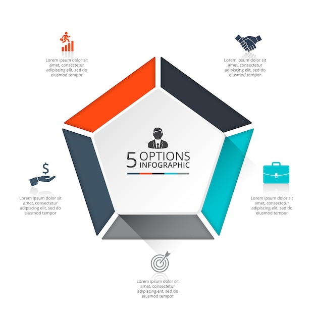 Diagram Pentagonu podzielony na 5 sektorów. Szablon projektu infographic cyklu geometrycznego.