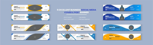 Plik wektorowy digital marketing solution i agencja corporate business banner zestaw okładek linkedin.