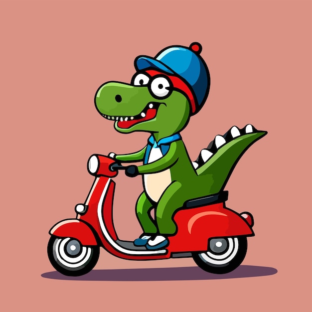 Dino szczęśliwie jeździ na motocyklu z płaską kreskówką premium i prostą grafiką wektorową