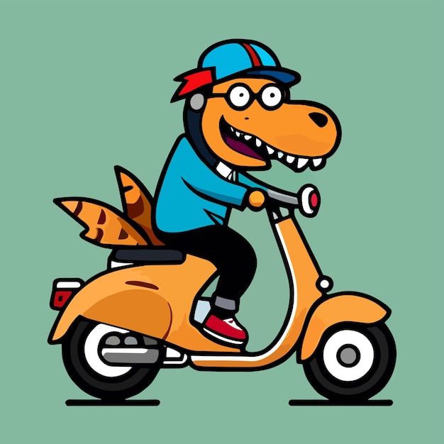 Dino szczęśliwie jeździ na motocyklu z płaską kreskówką premium i prostą grafiką wektorową