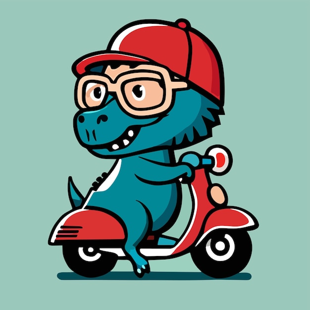Dino szczęśliwie jeździ na motocyklu z płaską kreskówką premium i prostą grafiką wektorową