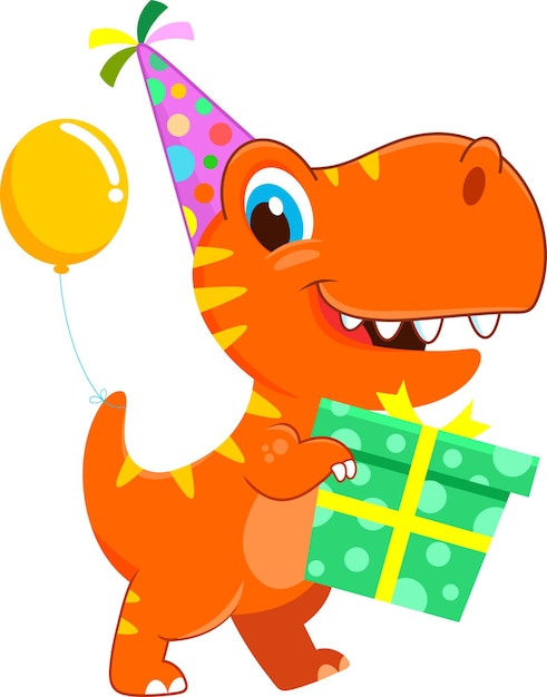 Dinozaur śmieszne Urodziny Postać Z Kreskówki Z Party Hat Trzymając Pudełko Ilustracji Wektorowych