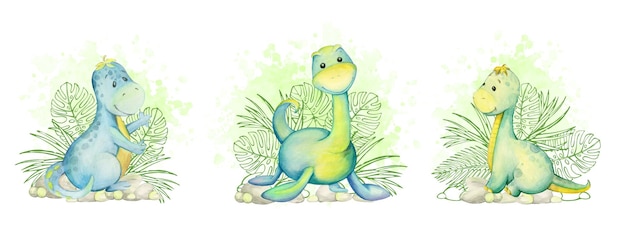 Dinozaury, Skały, Rośliny. Ilustracja Akwarela, W Stylu Kreskówki