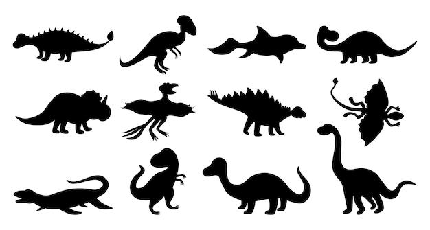 Dinozaury sylwetki Czarny doodle kształty prehistorycznych jurajskich gadów ślicznych starożytnych drapieżników i roślinożerców wektor na białym tle zestaw