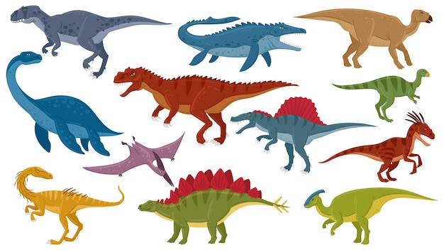 Dinozaury z kreskówek, jurajskie wymarłe dinozaury drapieżne, drapieżniki roślinożerne. Jurajski gad dinozaurów, tyranozaur, stegozaur, zestaw ilustracji wektorowych pterodaktyla. Raptor i gad, dinozaur jurajski