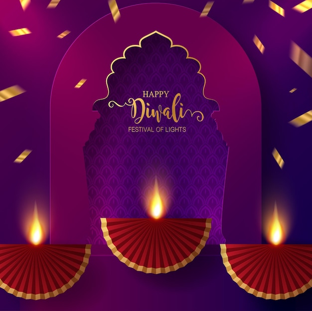 Diwali, Deepavali Lub Dipavali Festiwal świateł W Indiach Ze Złotą Diyą Na Podium, Wzorzyste I Kryształy Na Papierze W Kolorze Tła.