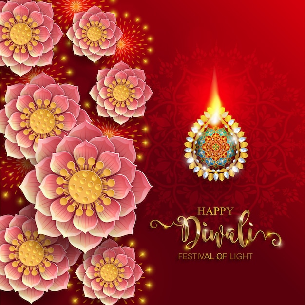 Diwali, Deepavali Lub Dipavali święto świateł W Indiach Ze Złotym Wzorem Diya I Kryształami Na Papierze