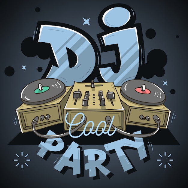 Plik wektorowy dj cool party design na plakat imprezy. mikser dźwięku i gramofon