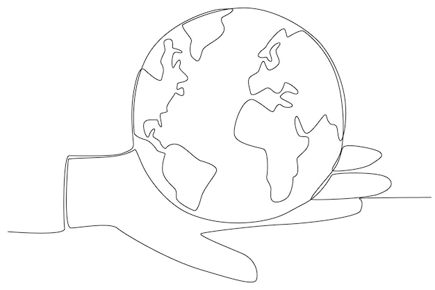 Dłoń trzymająca światową planetę Ziemię na dzień ziemi, jedna grafika liniowa