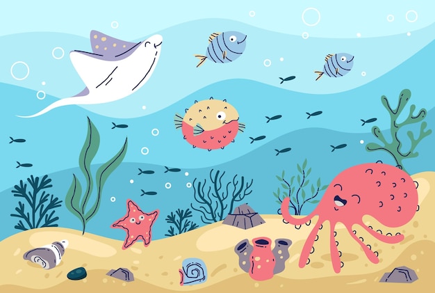 Dno Morskie Zwierzę Podwodny Ocean Rafa życia Morskiego Koncepcja Projekt Graficzny Ilustracja
