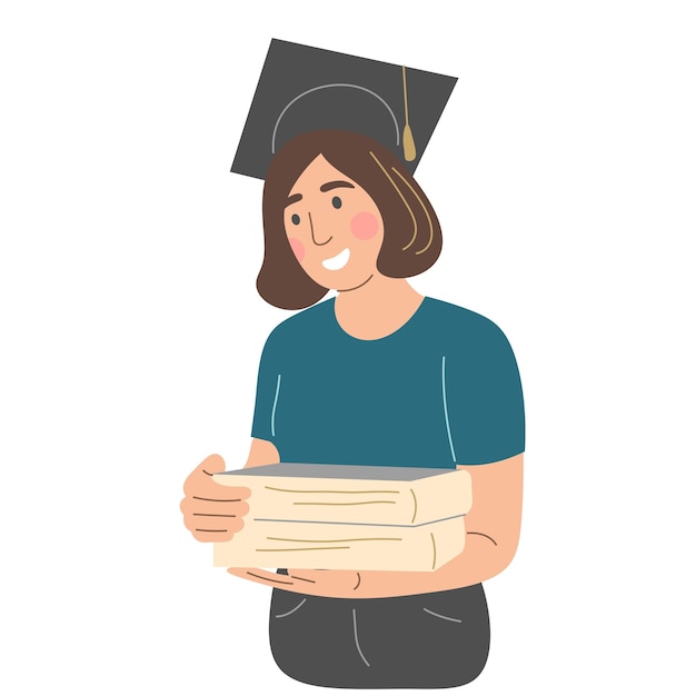 Plik wektorowy dobry student z książkami dziewczyna w uniwersyteckim kapeluszu płaska ilustracja wektorowa