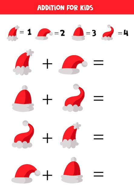 Dodatek Dla Dzieci W Wieku Przedszkolnym Z Różnymi Czapkami świętego Mikołaja. Gra Matematyczna Dla Dzieci.