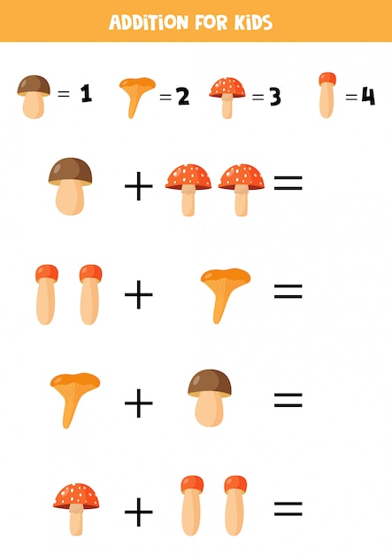 Dodatek Z Różnymi Grzybami. Gra Matematyczna Dla Dzieci.