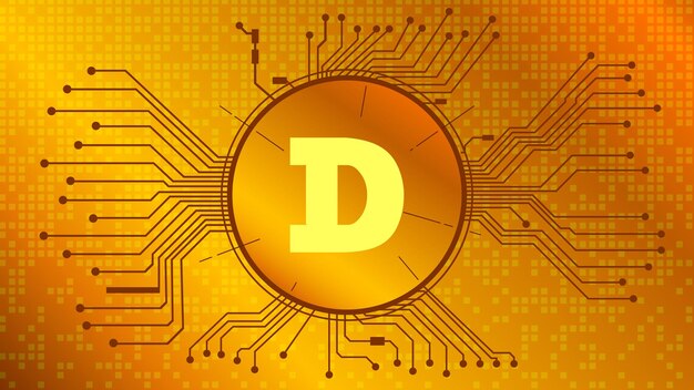 Dogecoin DOGE symbol tokena kryptowaluty w kółku ze ścieżkami PCB na złotym tle Ikona waluty dla banera lub wiadomości Ilustracja wektora