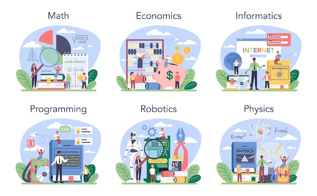Dokładne Przedmioty Szkolne Lub Zestaw Zajęć Edukacyjnych. Student Studiujący Nauki ścisłe. Nowoczesny System Edukacji Szkolnej. Matematyka, Fizyka, Informatyka, Ekonomia. Ilustracja Na Białym Tle Płaski Wektor