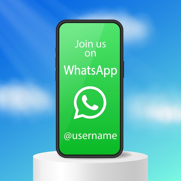 Plik wektorowy dołącz do nas na banerze whatsapp podążaj za nami smartphone stojący na podium promocja w mediach społecznościowych nazwa użytkownika