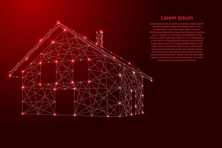 Dom, budynek z dachem i kominem z futurystycznych wielokątnych czerwonych linii i świecących gwiazd na baner, plakat, kartkę z życzeniami. Ilustracja wektorowa.
