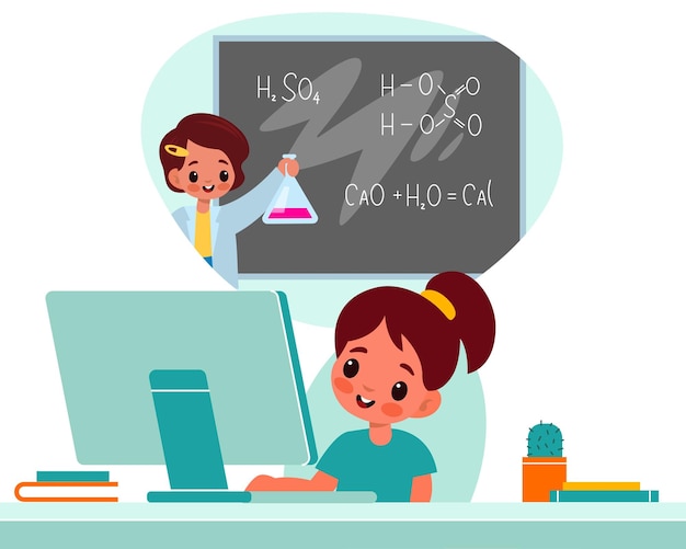 Dom Dziecko Nauka Mała Dziewczynka Siedzi I Biurko Z Lekcją Chemii Komputerowej Na Ekranie Ucznia Oglądanie Seminarium Szkoła Na Odległość Online Dzieci Edukacja Wektor Kreskówka Mieszkanie Na Białym Tle Koncepcja