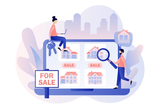 Plik wektorowy dom na sprzedaż koncepcja biznesowa nieruchomości z domami mały agent nieruchomości lub pośrednik szuka