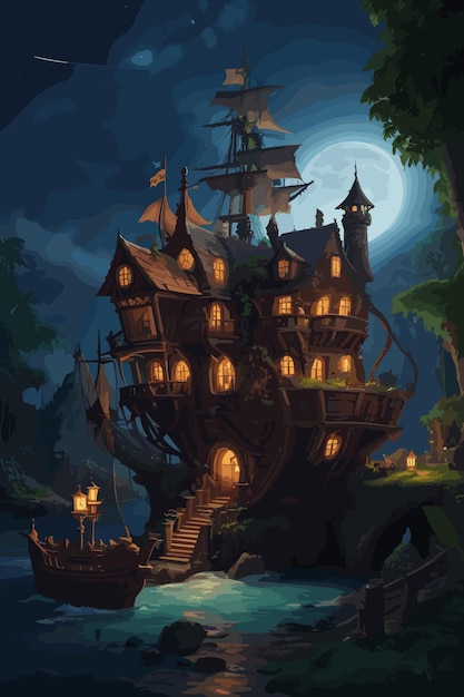 Dom okrętu piratów z zamkiem wokół niego w środku magicznej świecącej dżungli w nocy