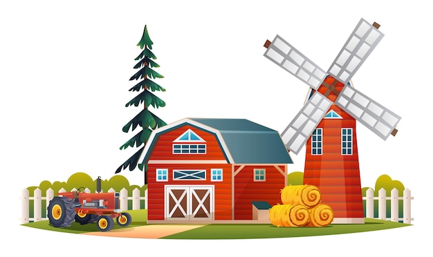 Plik wektorowy dom rolniczy z wiatrakiem i ciągnikiem koncepcja budynku rolniczego ilustracja wektorowa