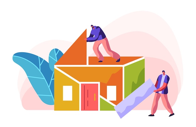Dom w kolorze Human Builder Construction. Człowiek w procesie Instalacja na dachu w domu. Osoba Brygadzista Nosi nowy materiał części do prac budowlanych. Budowa etapu projektu. Ilustracja wektorowa płaski kreskówka