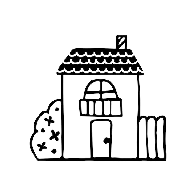 Plik wektorowy dom wiejski rysunek liniowy na białym tle mały dom z oknem drzwi balkon i krzaki śliczne gryzmoły