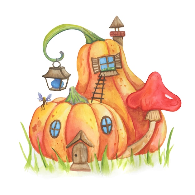 Dom Z Dyni Magic Fairy House Akwarela Ilustracja