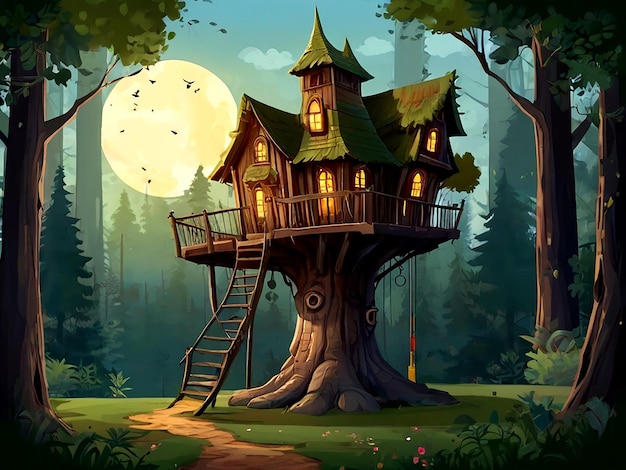 domek na drzewie z pełnym księżycem na tle