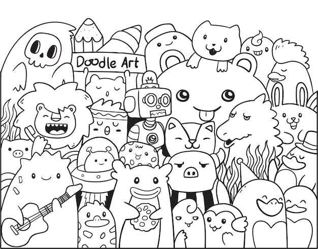 Doodle art chibi monster and animals