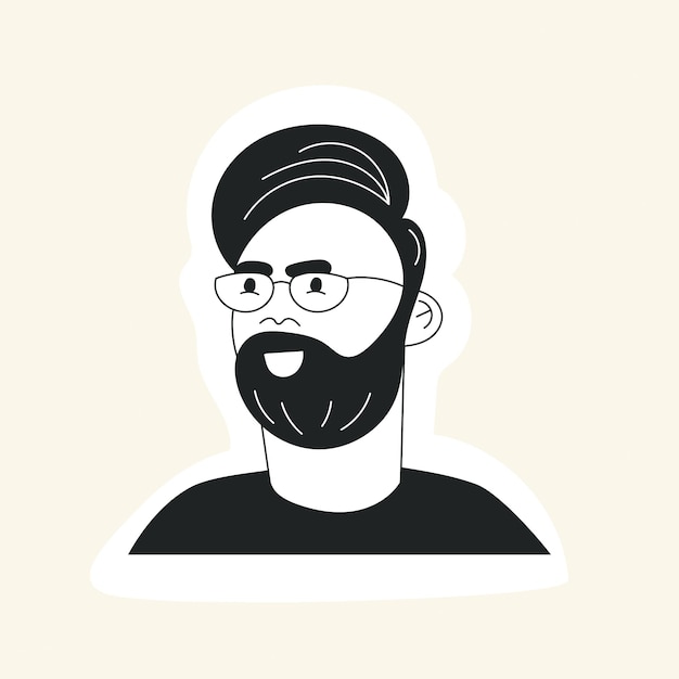 Doodle avatar twarz człowieka z wąsami broda fryzura i okulary Hipster facet portret naklejki z modnymi włosami Ręcznie rysowane czarno-białe płaskie wektor ilustracja Moda brodaty mężczyzna twarz
