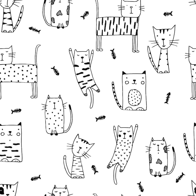 Doodle bezszwowe śmieszne koty z rybą