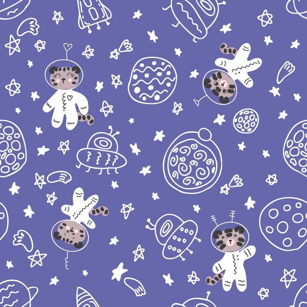 Doodle bezszwowy wzór z młodymi astronautami tygrysami w kosmosie Idealny do tekstyliów i nadruków Tshirt