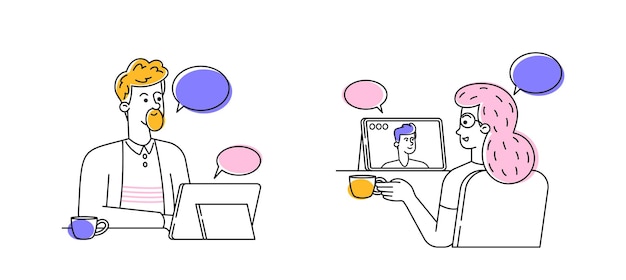 Doodle Characters Nowoczesna komunikacja cyfrowa z dwoma osobami łączącymi się za pośrednictwem wirtualnego czatu