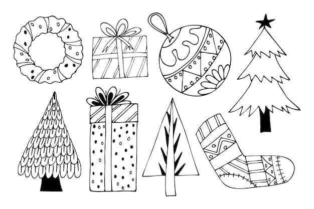 Plik wektorowy doodle christmas elements black line drawing illustration collection