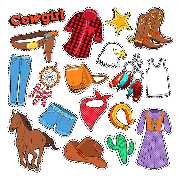 Plik wektorowy doodle cowgirl do notatnika, naklejek, naszywek, odznak z koniem i ostrogami.