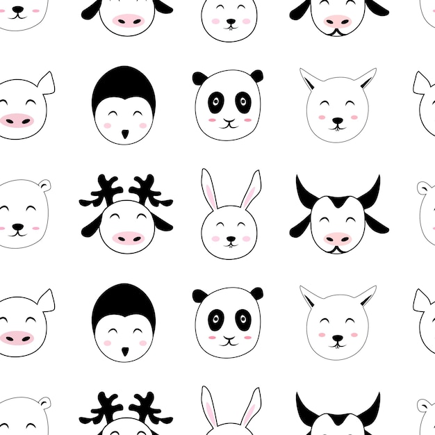 Plik wektorowy doodle cute animal face seamless pattern template wesoły zarys szkicu rysunek na białym tle prosty przedszkola tapeta tkanina druku