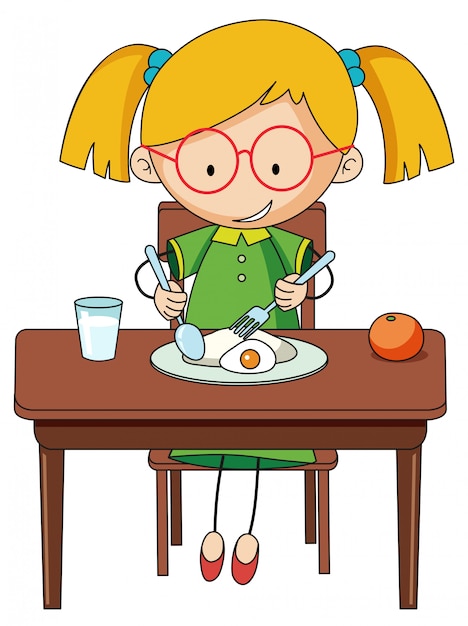 Plik wektorowy doodle dziewczyny charcter je śniadanie