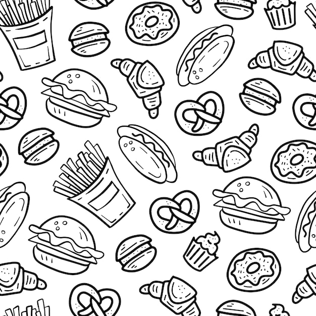 Doodle elementy fast foodu bez szwu wzór
