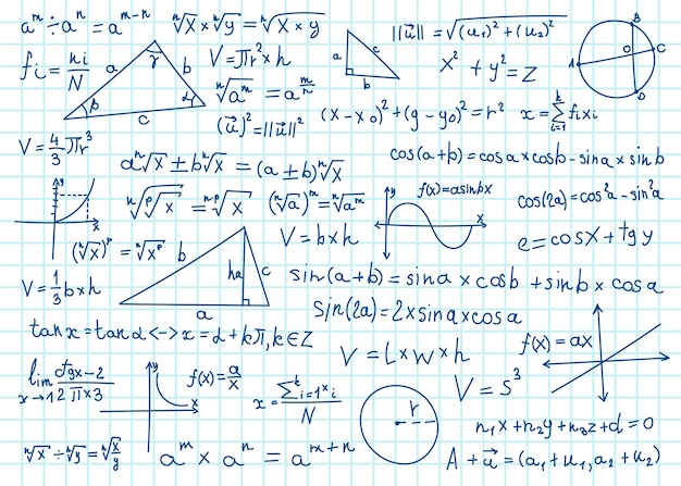 Plik wektorowy doodle formuły matematyczne równania matematyczne na papierze zeszytowym obliczenia geometrii algebry