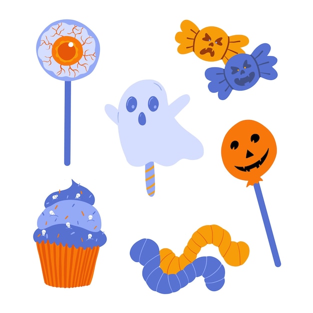 Doodle Ilustracja Kreskówka Halloweenowych Postaci I Smakołyków. Duch I Cukierki. Robaki I Ciastka