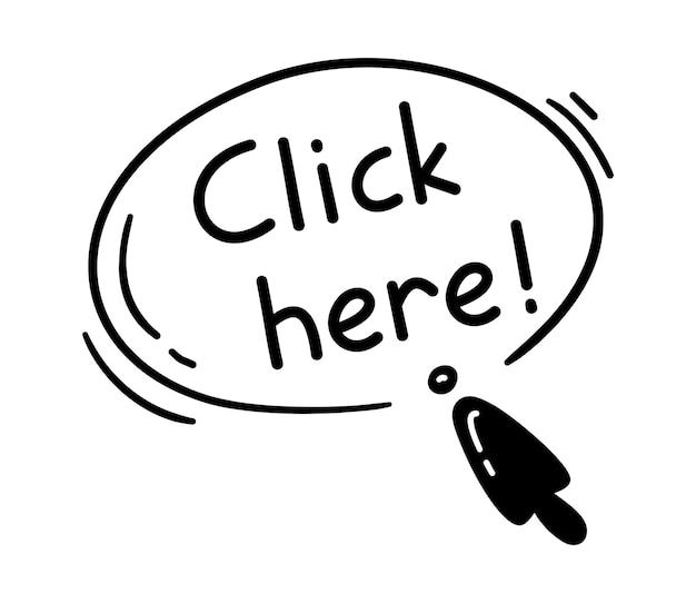 Plik wektorowy doodle kliknij tutaj kursor ikona przycisku myszy z tekstem ręcznie rysowanym wektorowym wskaźnikiem strzałki
