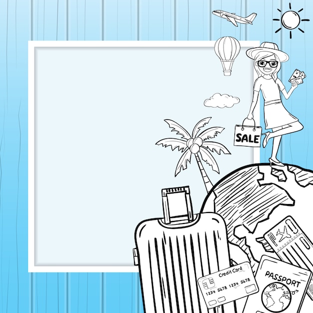 Plik wektorowy doodle kobiety kreskówki bagaż i akcesoria podróżujemy dookoła świata pojęcia lata tło