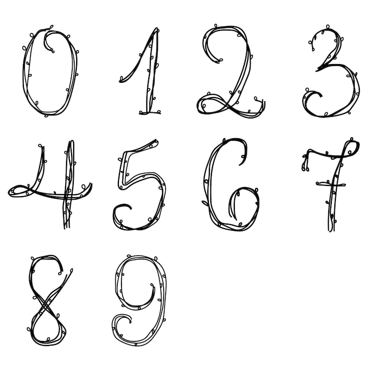 Wektor doodle kolekcja liczb w stylu kwiatowy na białym tle ilustracji wektorowych. atrament typograficzny rysunek projektu. zestaw kreatywnych elementów.